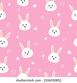 Seamless pattern with cute bunny and stars. Lovely rabbit on pink background. Background for baby shower, wall art, fabric, textile and invitation. 