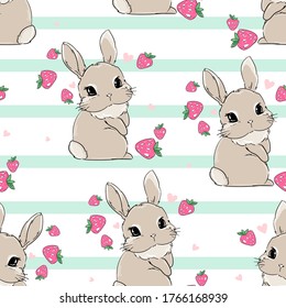 Seamless pattern Cute Bunny with strawberry background. Berry sweet. Print for children's textiles, poster design, nursery. Rabbit. Vector illustration stock.
