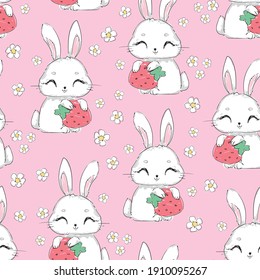Seamless pattern Cute Bunny with strawberry and flowers vector, children print design rabbit 