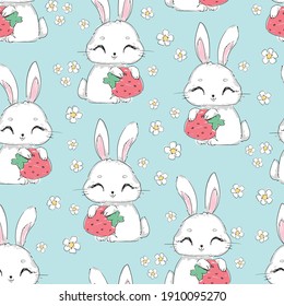 Seamless pattern Cute Bunny with strawberry and flowers vector, children print design rabbit 