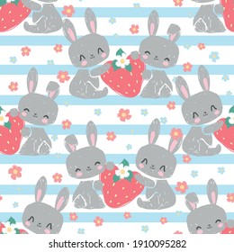 Seamless pattern Cute Bunny with strawberry and flowers vector, children print design rabbit 