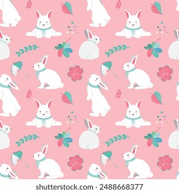 Seamless pattern with cute bunny, teapot and flora. Pink background.  Perfect for kids apparel, greeting card design, fabric print, baby shower, wrapping paper design, baby prints, home textiles.