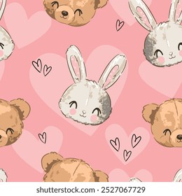 seamless pattern with cute bunny and teddy bear vector illustration 