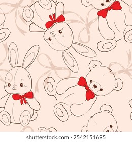 seamless pattern with cute bunny and teddy bear vector illustration 