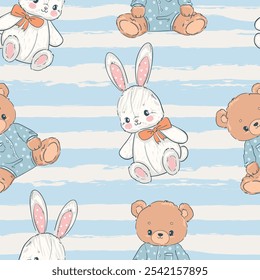 seamless pattern with cute bunny and teddy bear vector illustration 