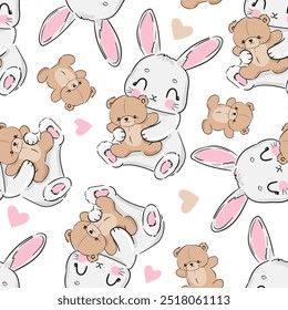 Seamless pattern with cute bunny and toy teddy bear vector illustration 