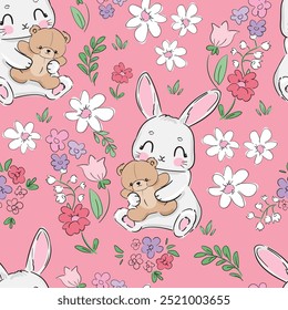 Seamless pattern with cute bunny and toy teddy bear vector illustration 