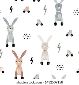 Seamless pattern with cute bunny toys on wheels. Creative scandinavian style childish texture. Great for fabric, textile Vector Illustration