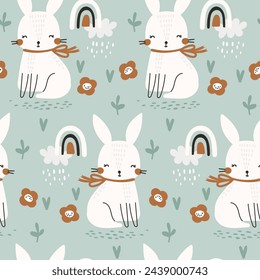Seamless pattern with cute bunny. Vector illustration