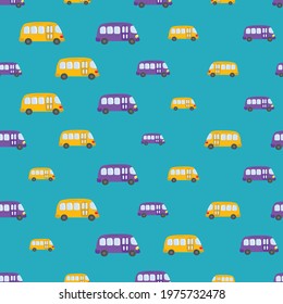 Seamless pattern with cute bus, car on blue background. Cartoot transport. Vector illustration. Doodle style. Design for baby print, invitation, poster, card, fabric, textile.