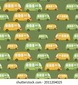 Seamless pattern with cute bus, car on green background. Cartoot transport. Vector illustration. Doodle style. Design for baby print, invitation, poster, card, fabric, textile.
