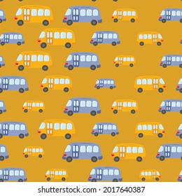Seamless pattern with cute bus, car on color background. Cartoot transport. Vector illustration. Doodle style. Design for baby print, invitation, poster, card, fabric, textile.