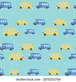 Seamless pattern with cute bus, car on color background. Cartoot transport. Vector illustration. Doodle style. Design for baby print, invitation, poster, card, fabric, textile.
