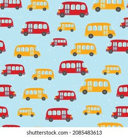 Nahtloses Muster mit süßem Bus, Auto auf Farbhintergrund. Cartoot Transport. Vektorgrafik. Doodle-Stil. Design für Babydruck, Einladung, Poster, Karte, Stoff, Textilien.