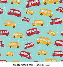 Seamless pattern with cute bus, car on color background. Cartoot transport. Vector illustration. Doodle style. Design for baby print, invitation, poster, card, fabric, textile.