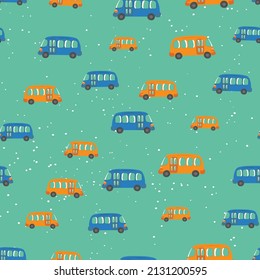 Seamless pattern with cute bus, car on color background. Cartoon transport. Vector illustration. Doodle style. Design for baby print, invitation, poster, card, fabric, textile.