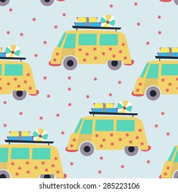 seamless pattern with cute buses. Vector seamless background.