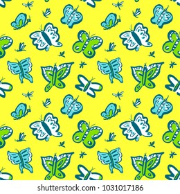 Seamless pattern with cute butterflies. Background with funny insects in doodle sketchy style. Vector artistic illustration. Colorful hand drawn design element for fabric, textile, backdrops. 