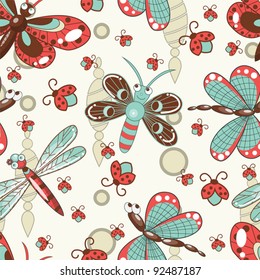 Seamless pattern with cute butterflies and dragon-flies