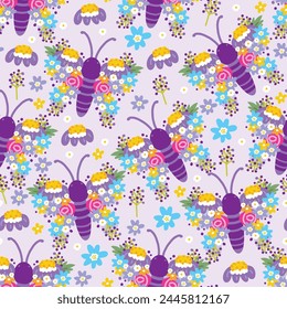 Patrón sin fisuras de mariposas lindas ala de la flor en el fondo pastel púrpura.Spring.Naturaleza.Floral.Animal personaje de dibujos animados design.Imagen para tarjeta, póster,boda.Kawaii.Vector.Butterfly.Illustration.