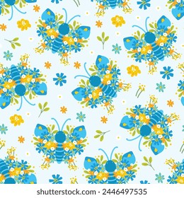 Seamless pattern of cute butterflies flower wing on blue pastel background.Spring.Nature.Floral.Animal character cartoon design.Image for card,poster,wedding.Kawaii.Vector.Butterfly.Illustration.