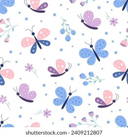 seamless pattern with cute butterflies and flowers isolated on white background, decoration for wrapping paper or wallpaper, simple design with flying moths, flat vector illustration