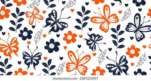 Patrón sin fisuras con lindas mariposas, flores y ramas. Dibujos de crayón simples y modernos de insectos. Insectos y plantas coloridas aisladas sobre fondo blanco. 