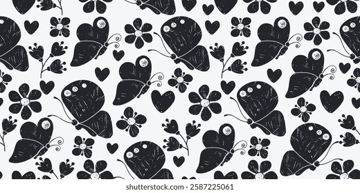 Seamless Pattern with Cute Butterflies, Flowers and Leaves. Simple and modern crayon drawings. Colorful insects and plants isolated on white background. 
