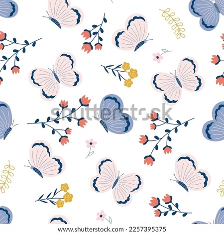 seamless pattern with cute butterflies and flowers isolated on white background, decoration for wrapping paper or wallpaper, simple design with flying moths, flat vector illustration