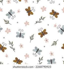 Seamless pattern with cute butterflies, flying insects. Simple naive vector illustration for textile print, wallpaper, wrapping paper.