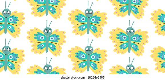 Seamless pattern with cute butterflies with funny surprised eyes. Vector illustration can be used for fabric, wrapping, wallpapers, web page backgrounds, textile.
