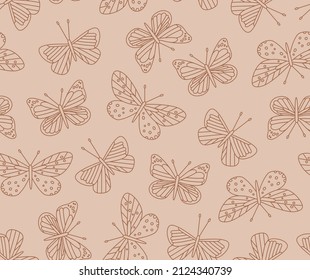 Seamless pattern of cute butterflies. Hand-drawn vector insects, isolated on brown background. Line art. Spring season concept, Easter, nature.