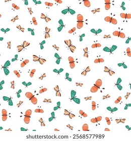 seamless pattern with cute butterflies isolated on white background, decoration for wrapping paper or wallpaper, simple design with flying moths, flat vector illustration