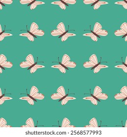 seamless pattern with cute butterflies isolated on green background, decoration for wrapping paper or wallpaper, simple design with flying moths, flat vector illustration, summer, spring