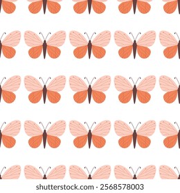 seamless pattern with cute butterflies isolated on white background, decoration for wrapping paper or wallpaper, simple design with flying moths, flat vector illustration