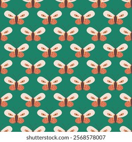 seamless pattern with cute butterflies isolated on green background, decoration for wrapping paper or wallpaper, simple design with flying moths, flat vector illustration, summer, spring