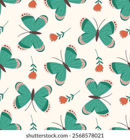 seamless pattern with cute butterflies isolated on white background, decoration for wrapping paper or wallpaper, simple design with flying moths, flat vector illustration