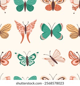 seamless pattern with cute butterflies isolated on white background, decoration for wrapping paper or wallpaper, simple design with flying moths, flat vector illustration