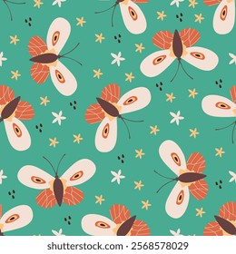 seamless pattern with cute butterflies isolated on green background, decoration for wrapping paper or wallpaper, simple design with flying moths, flat vector illustration, summer, spring