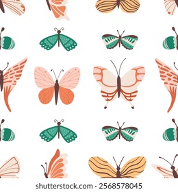 seamless pattern with cute butterflies isolated on white background, decoration for wrapping paper or wallpaper, simple design with flying moths, flat vector illustration