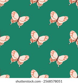 seamless pattern with cute butterflies isolated on green background, decoration for wrapping paper or wallpaper, simple design with flying moths, flat vector illustration, summer, spring