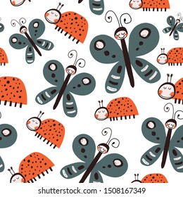 Seamless pattern with the cute butterflies & ladybugs. It can be used for any kids product.