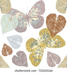 Seamless pattern with cute Butterflies and leaves can be used for design fabric, wrapping paper, package, covers, linen and more designs