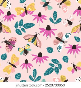 Seamless pattern with cute butterflies and moths and flowers on a pink background.  Design for print on fabric, wrapping paper and other purpose. Vector illustration.  