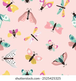 Padrão contínuo com borboletas bonitas e traças de diferentes tipos em um fundo rosa. Design suave para impressão em tecido; papel de embrulho e outros fins. Ilustração vetorial. 