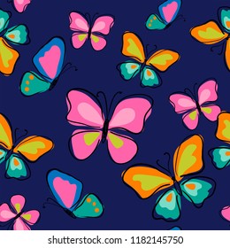 Seamless pattern with a cute butterflies on a blue background