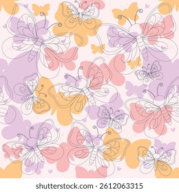 Seamless pattern with cute butterflies in pink, purple and yellow. Hand drawn style with soft pastel colors. Perfect for kids, fabric, wrapping paper, and spring designs.
