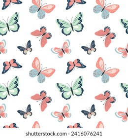 Patrón sin foco con mariposas lindas. Patrón primavera y verano. Fondo de mariposas vectoras.