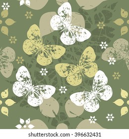 Seamless pattern with cute butterflies, stylish flowers. Decorative background for your designs. Vector image.