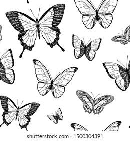 Seamless pattern of cute butterflies. Vector cartoon background. Hand-drawn style.